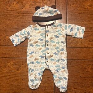 Little Me Blue, Brown, and White Dog Print Button Up Footie with Hat - Newborn